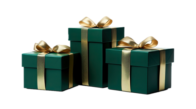  three green gift boxes with gold ribbon and bow, 3/4 view, in a PNG, Gift giving-themed, isolated, and transparent, photorealistic illustration. Generative ai