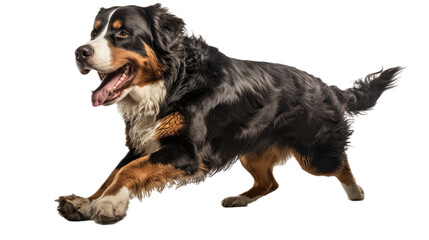 a Bernese Mountain Dog, running, full body, 3/4 view, isolated and transparent PNG in a Pet-themed, photorealistic illustration. Generative ai