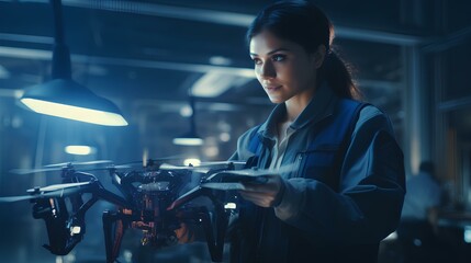 A female drone engineer controlling a state-of-the-art drone. repairing and developing. Her background is a lab. generative AI