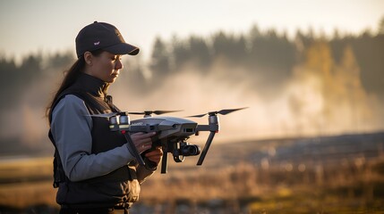 A female drone engineer controlling a state-of-the-art drone using a remote control. Her background is an open space for test flights. generative AI - obrazy, fototapety, plakaty