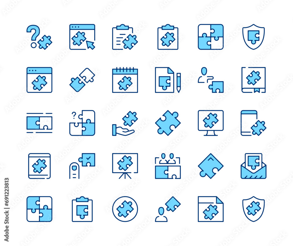 Poster puzzle. vector line icons set. solution concepts. black outline stroke symbols