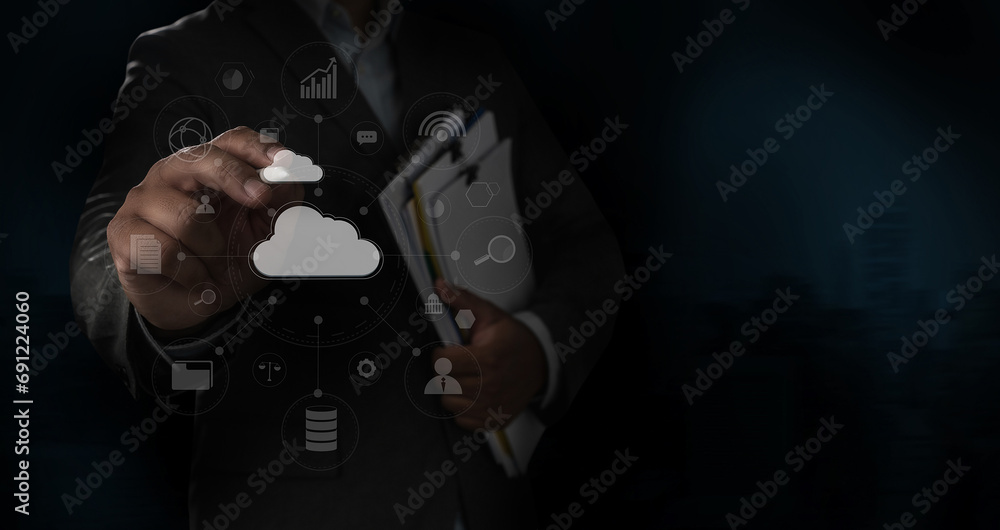 Poster businessmen work in cloud computing. cloud service computing and global communication cloud data tra