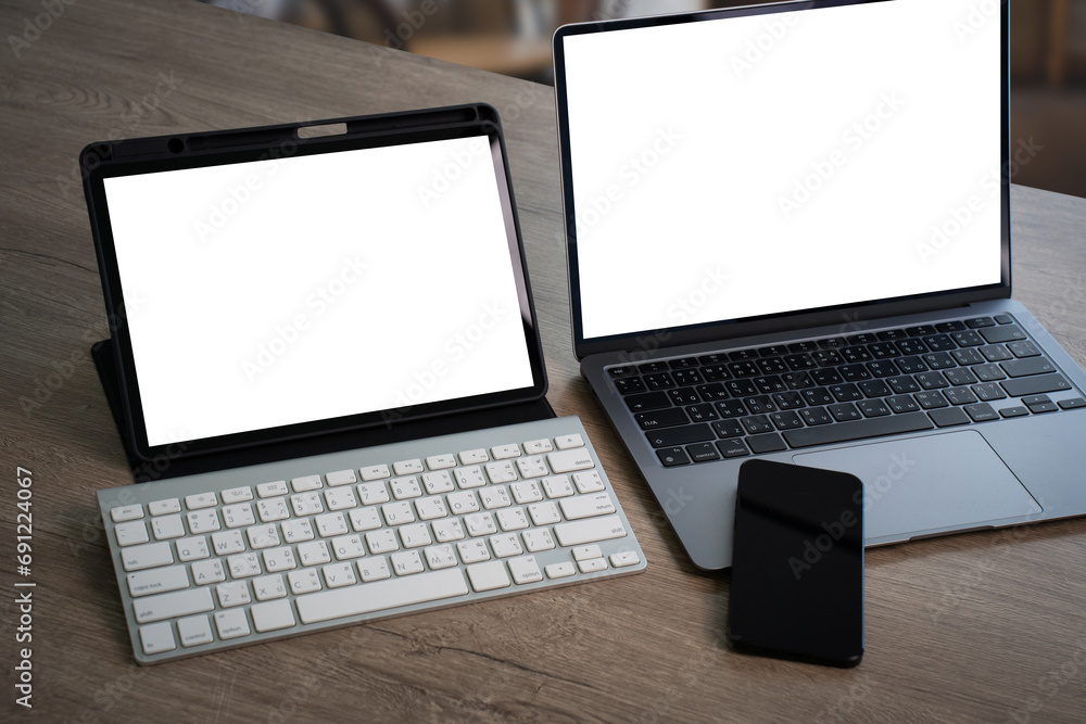 Poster young man working businessman using a desktop computer of the blank screen