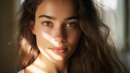 Naklejka premium close up portrait of a beautiful woman with radiant skin, ai generated
