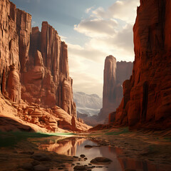 A canyon with towering rock formations