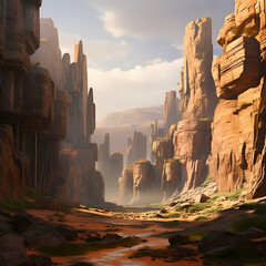 A canyon with towering rock formations