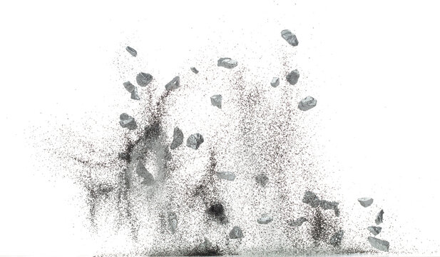 Silver ore nugget fly fall from Mining float in air. Many pieces silver nugget ore explosion with sand glitter gravel in silver Mining industry. White background Isolated throwing freeze stop motion