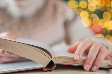 Christmas books.Hands in a sweater turn the pages of a book on a Christmas tree with garlands background.Cozy reading in the winter season.Education during the winter holidays