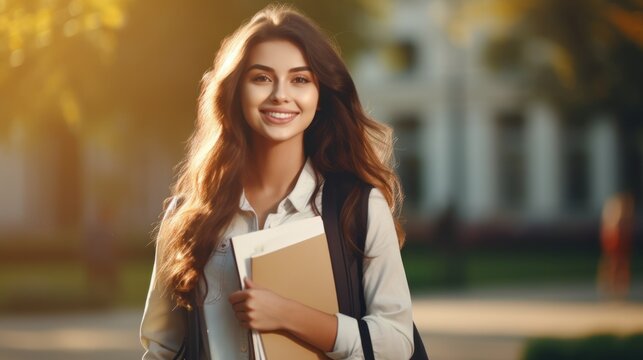 Beautiful student woman with backpack and books outdoor. Smile girl happy carrying a lot of book in college campus. Portrait female on international University. Education, study, school