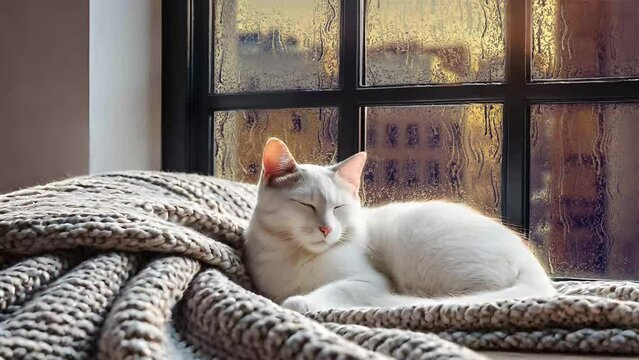 Cute Cat sleeping on a blanket in front of the window. Rain is falling in the background -4k Seamless Loop Animation