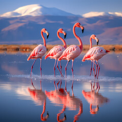 A group of flamingos in a shallow lake