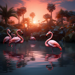 A group of flamingos in a tropical lagoon