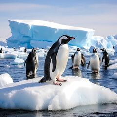 A group of penguins on ice in Antarctica