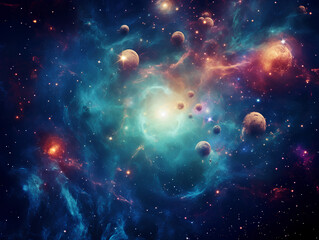 Obraz premium Deep space blue, electric cyan, nebula pink, and starlight white, Galactic Nexus