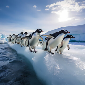 A group of penguins sliding on ice in Antarctica