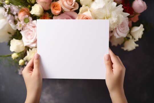 Hands holding blank card with flowers in background