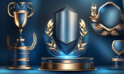 Dark Blue Golden Royal Awards Graphics Background. Lines Growing Elegant Shine Spark. Luxury Premium Corporate Abstract Design Template. Classic Shape Post. Center LED Screen Visual. Light Effect.
