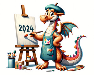 Cartoon Dragon Artist Painting 2024 on Canvas - Creative New Year Illustration for Festive Designs, Year of the Dragon, Chinese Zodiac, 2024