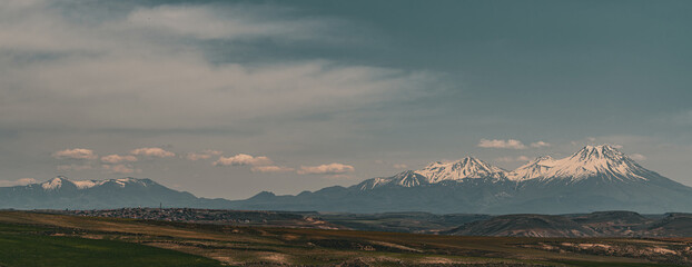 The landscape view of snowy mountain nature background.