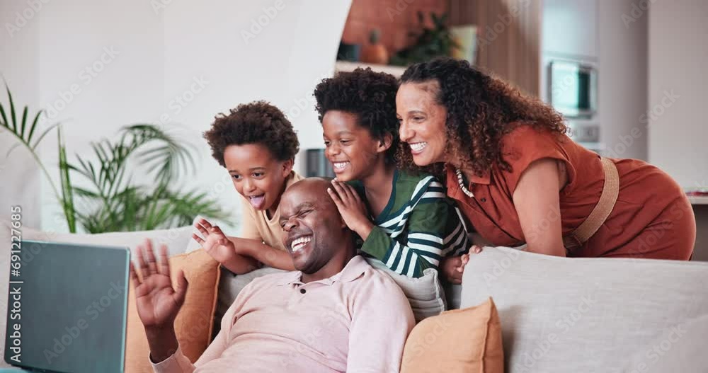 Wall mural Black family, laptop for video call and parents with their kids on a sofa in the living room of their home. Smile, wave or greeting with a mother, father and boy children in their apartment together