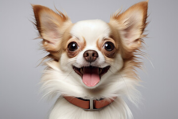 happy cute dog with his mouth wide open, Spitz dog portrait. Studio photo. Day light. Concept of care, education, obedience training and raising pets - obrazy, fototapety, plakaty