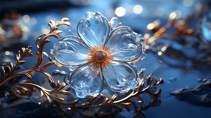 Macro detail of ice flower on blue background
