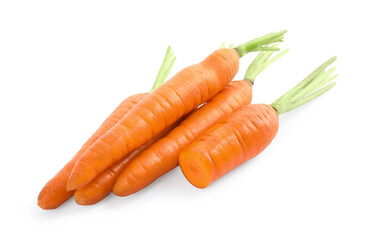 Cut and whole ripe carrots isolated on white