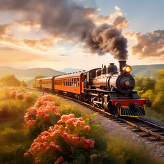 Fototapeta na wymiar A vintage train traveling through a scenic landscape
