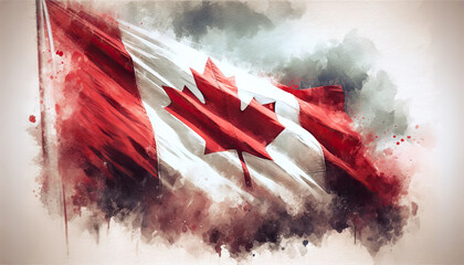 AI watercolor painting a faded national Canadian flag waving with flagpole