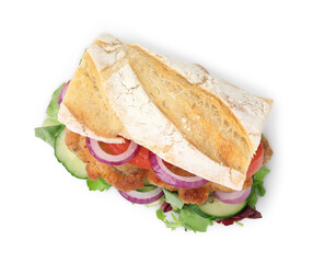 Delicious sandwich with schnitzel isolated on white, top view