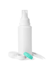 Case with color contact lenses, bottle of cosmetic product and tweezers isolated on white