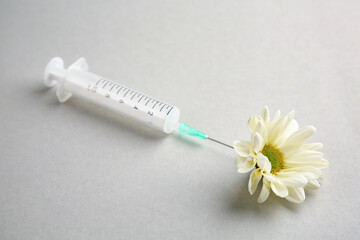 Medical syringe and beautiful chrysanthemum flower on grey background, closeup