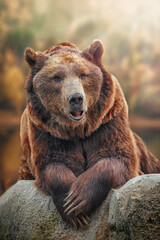 large brown bear leaning with its claws on a rock, in the background is an out-of-focus autumn...