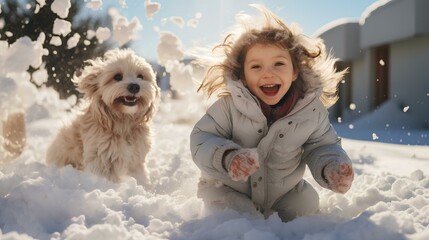 a small dog and a little girl frolic in a pile of snow. The snow glow. a sunny winter day. natural, diffuse sunlight. movement. blur. generative AI