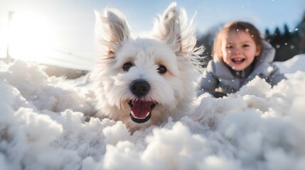 Fototapety  a small dog and a little girl frolic in a pile of snow. The snow glow. a sunny winter day. natural, diffuse sunlight. movement. blur. generative AI