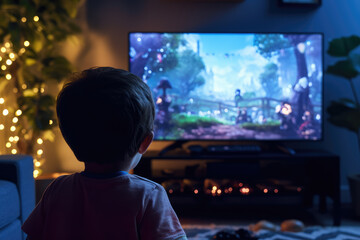 Children playing video games with LED television sitting on the floor in the room at night. - obrazy, fototapety, plakaty