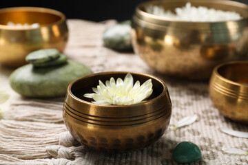 Tibetan singing bowls, beautiful chrysanthemum flower and stones on table, closeup