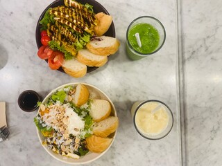 healthy diet, delicious salads and drinks