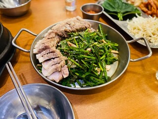 Boiled pork and bibim noodles, delicious korean food