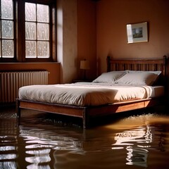 Flooded bedroom in house, with water damage and insurance problems