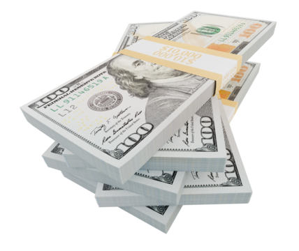 Stacks of One Hundred Dollar Bills Isolated. Transparent PNG.