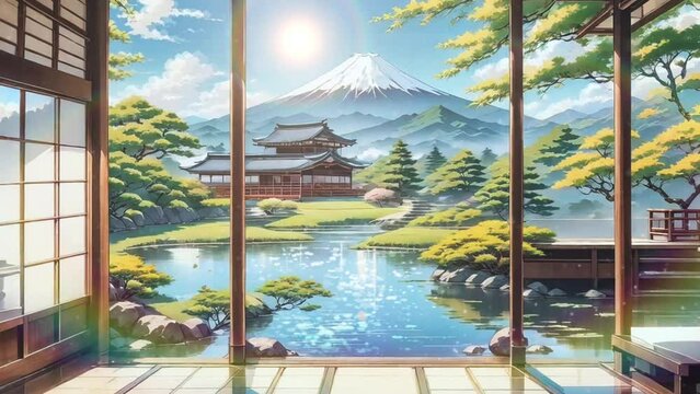 Japanese rural countryside village. Landscape of house veranda small lake view. Anime style background loop animation video. Calm vibes lofi. Mount fuji.
