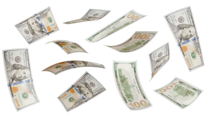 Variety of Falling One Hundred Dollar Bills Isolated. Transparent PNG.