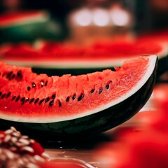 Closeup of watermelon slices on a dark background. Selective focus.