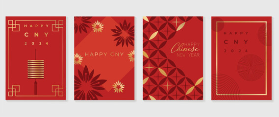 Chinese New Year card background vector. Year of the dragon design with golden chinese lantern, flower, frame. Elegant oriental illustration for cover, banner, website, calendar, envelope.