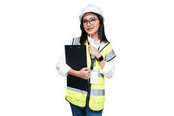 Young female architect wearing a helmet is carrying a folder isolated transparent