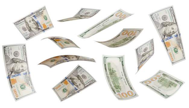 Variety of Falling One Hundred Dollar Bills Isolated. Transparent PNG.
