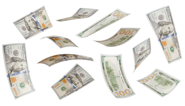 Variety of Falling One Hundred Dollar Bills Isolated. Transparent PNG.