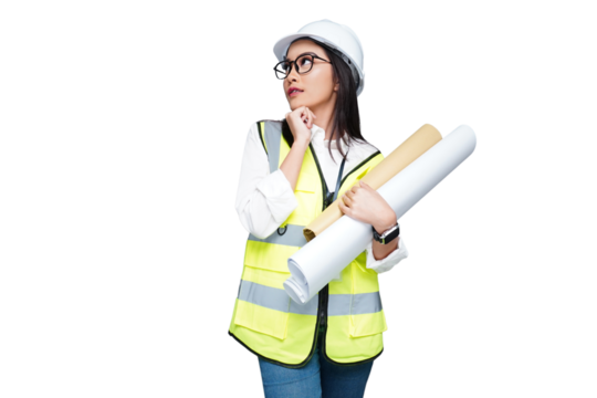 Beautiful young female architect wearing a helmet is carrying a roll of paper isolated transparent