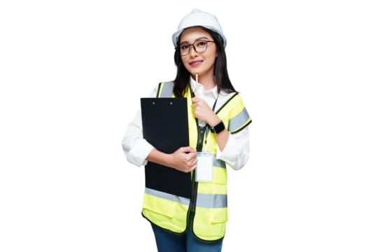 Young female architect wearing a helmet is carrying a folder isolated transparent